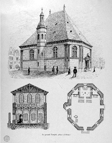 Grand Temple de La Rochelle, prouesse architecturale pour l'époque, élevé en 1577, affecté au culte romaniste en 1629, brûlé en 1687.