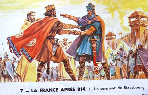 Serment de Strasbourg entre Charles le Chauve et Louis le Germanique le 14 février 842 — Salut romain, manuel scolaire de la IIIe République.